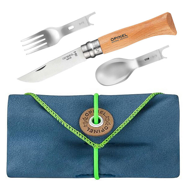 Opinel Picnic Plus, 4-teiliges Set mit Opinel Messer No 8, Gabel, Löffel, Etui