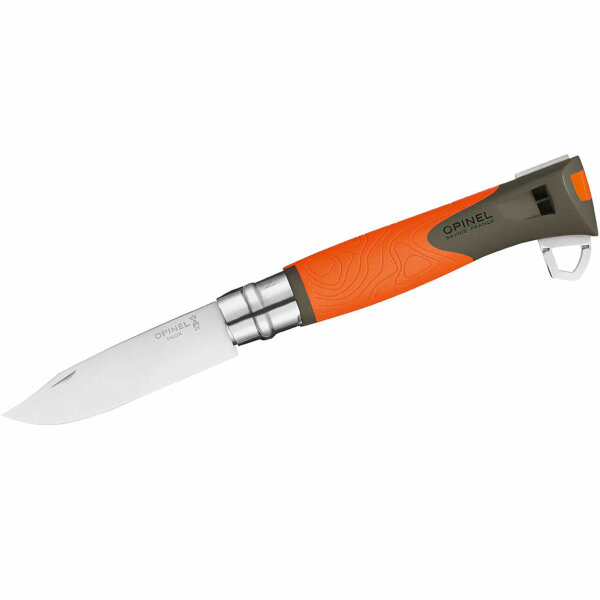 Opinel Explore N° 12 - Klinge 10 cm, Hakenklinge, Feuerstarter, Pfeife, orange