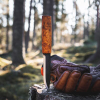 Helle VIKING 96 mit Carbonstahlklinge, Griff aus Maserbirge und Köcherscheide